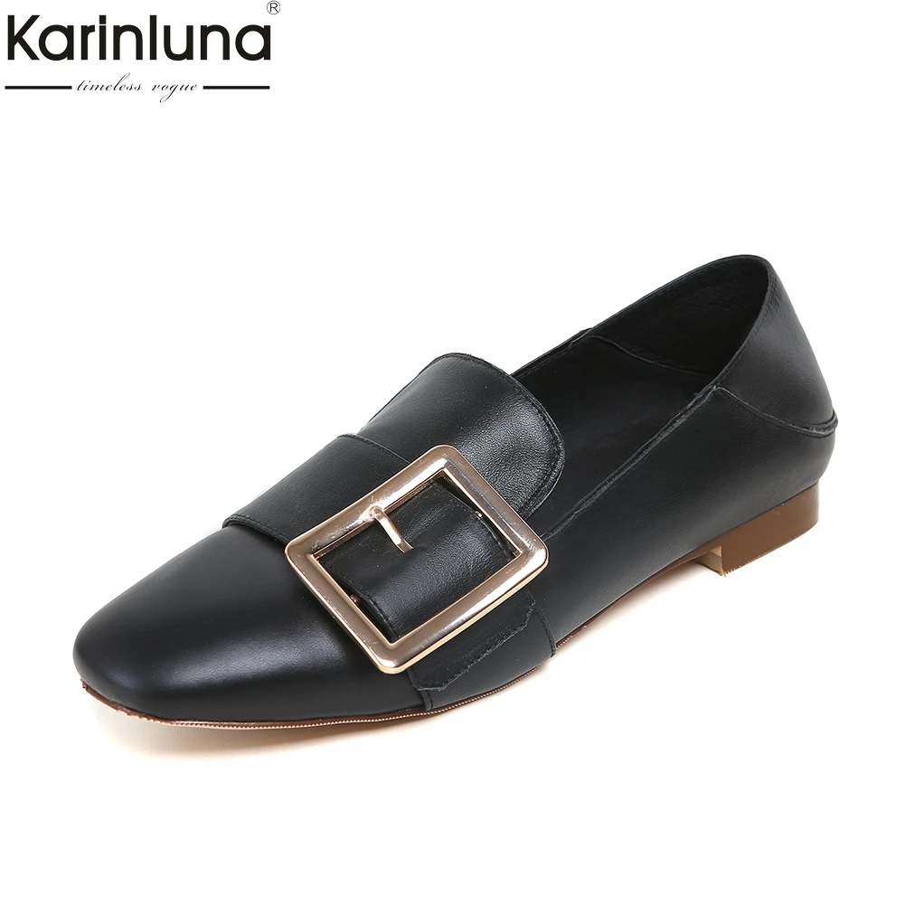

KarinLuna New Wholesale Dropship Buckle Decoration Woman Flats Leisure Comfortable Genuine Leather Black White women's Shoes