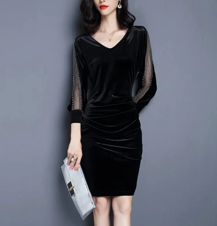 New Winter Autumn Dress Women 2019 Velour Dresses Female Casual Mesh Patchwork Robe Femme Plus Size Vestidos Mujer Dress Veludo (5)