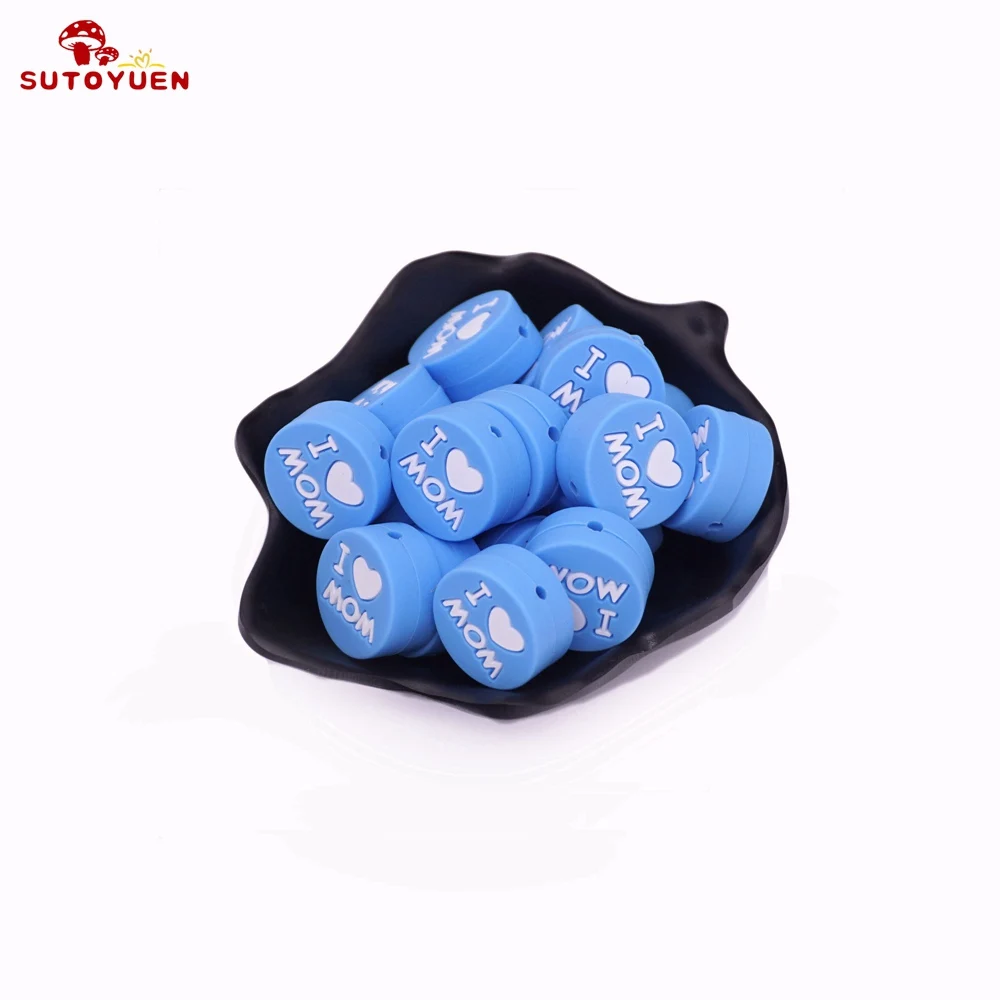 Blue 5 шт. силиконовые бусины 20 мм, плоские круглые I Love Mom Жевательная для прорезывания зубов бусы ожерелье еда класс кормящих ювелирных изделий игрушки Детский Прорезыватель - Цвет: Blue