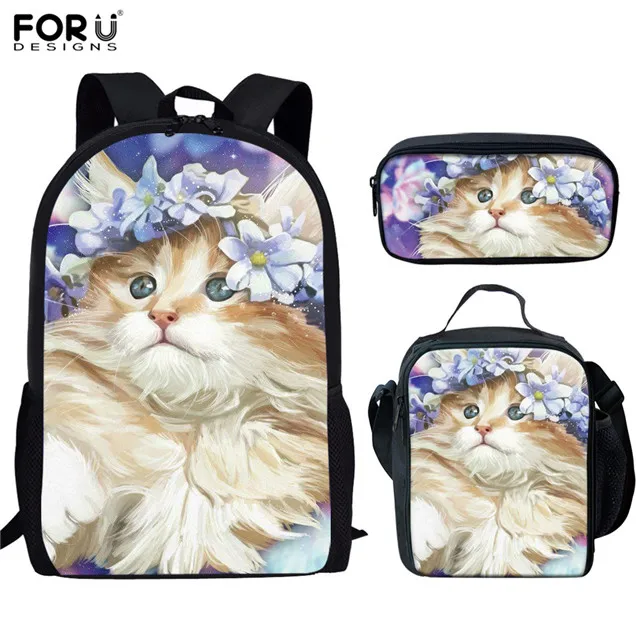 FORUDESIGNS School Bags Student Girls 3pcs 3D Cat Kitty Pattern Orthopedic Satchel Backpack Pencil Book Bag Teenagers Rucksack - Цвет: HX668CGK