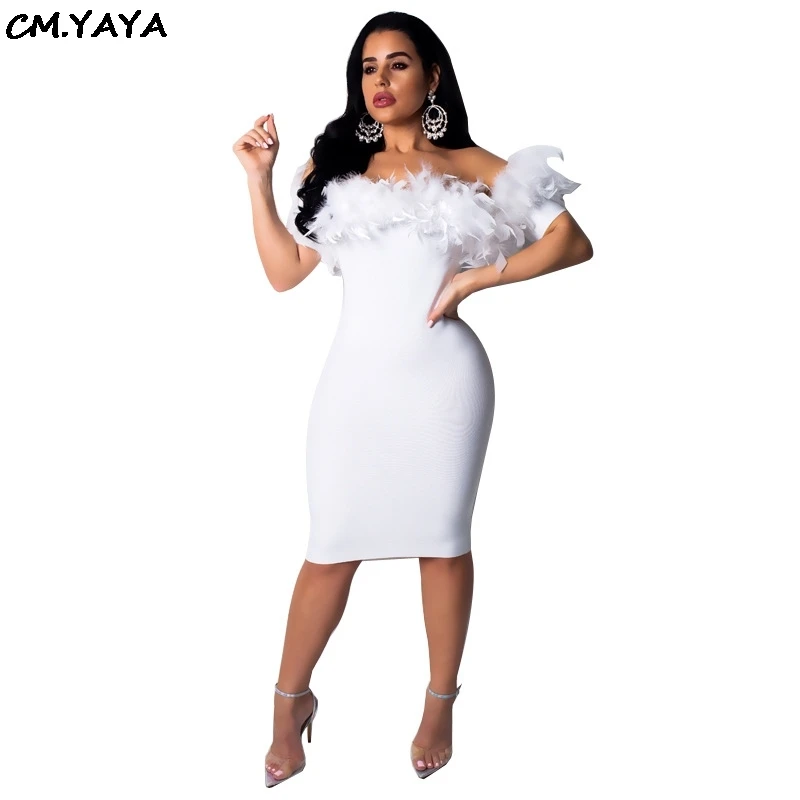 

new women short sleeve off shoulder feather slash neck sexy bodycon bandage night club party knee length midi dress K9307