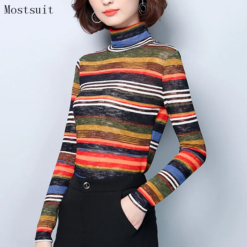 

Autumn Winter Striped Knitting Pullovers Women Long Sleeve Turtleneck Sweater Korean Office Casual Fashion Pullovers 2018 New