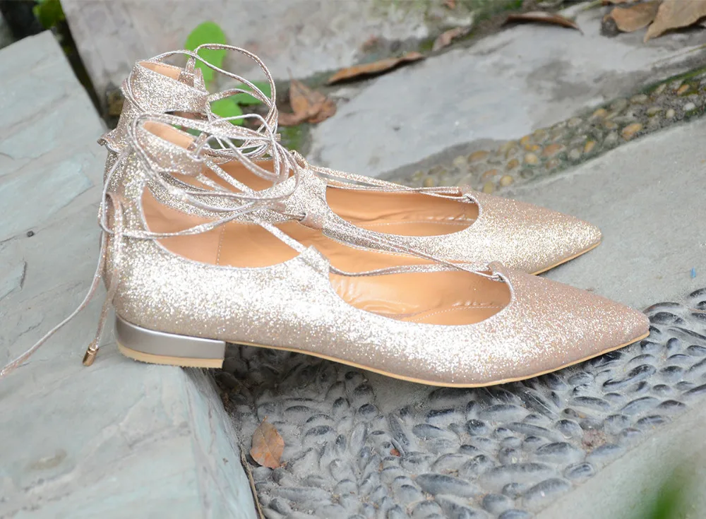 

Shofoo Glitter Ballet Flats Shoes Mother Bling Shoes Golden&SilverAnkle Lace-up Ballet For Summer Dress&Office Large Size 5-16