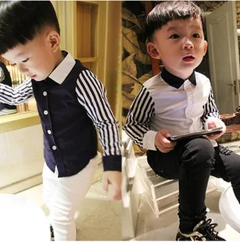 

Boys Long Sleeve Plus Velvet Thick Shirt 2018 Autumn and Winter Children's Children's Striped Stitching Sleeve Shirt A8960