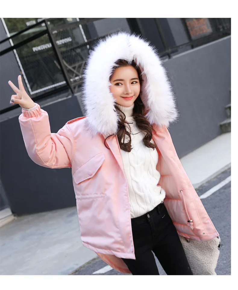 White Parkas Women Hooded Pink Thick Winter Jacket Women Zipper Women Winter Coat Parka With Big Fur Collar Pocket 2018 CH608 (2)