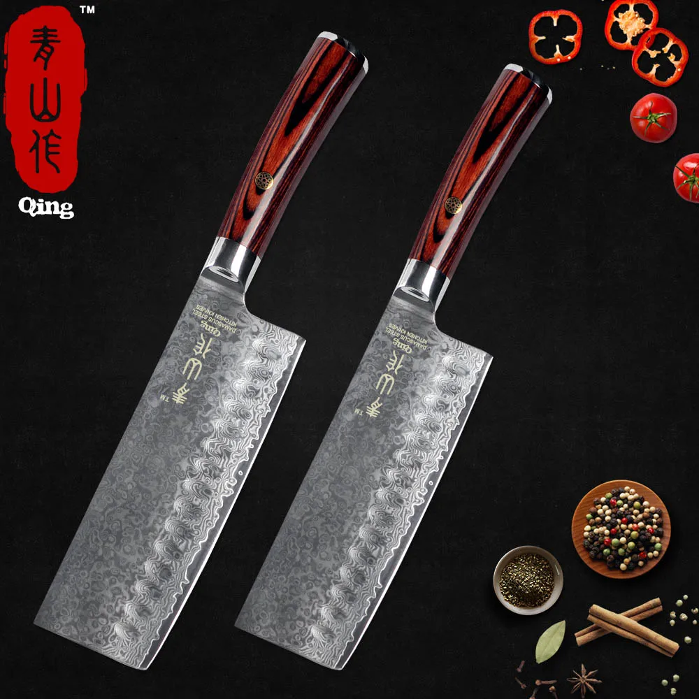 Chopping x 2 QING Pro ножи шеф-повара японский дамасский кухонный нож из нержавеющей стали Santoku Замороженный Лосось нарезки Кливер лучшие кухонные инструменты - Цвет: Chopping x 2