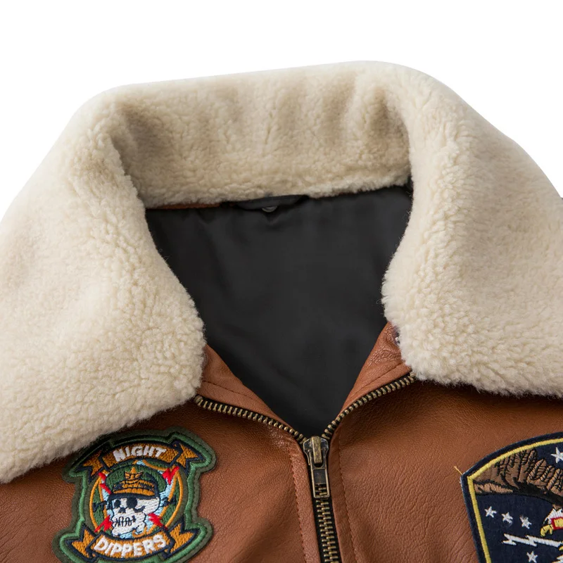 PU leather jacket men casual streetwear brown mens slim bomber jacket appliques fashion Korea style man clothes warm collar 3xl