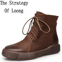 Женские ботильоны из кожи с натуральным лицевым покрытием на шнуровке; короткие теплые зимние ботинки с плюшевой подкладкой; Новое поступление; женские ботинки на плоской подошве; 20170108