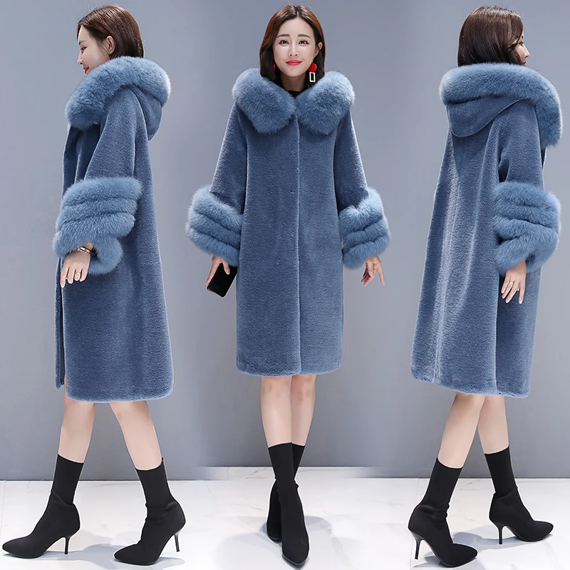 HANZANGL High quality 2018 Winter Wool Coat Women's Faux Fur Coat Fox Fur Hooded Warm Cashmere Jacket Overcoat Plus size S-3XL