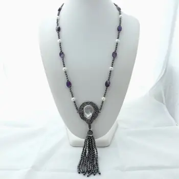 

20'' 6Stands White Pearl Necklace Bee CZ Pave Pendant