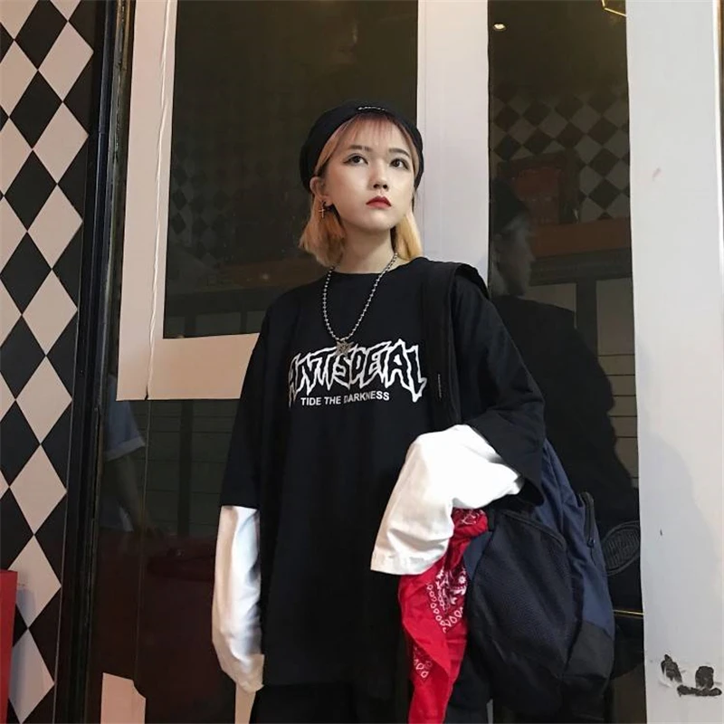 Крутые футболки в стиле хип-хоп с надписями в японском стиле Харадзюку, черно-белые, для мужчин и женщин, весенние, поддельные, из двух частей, с длинным рукавом, свободная футболка для женщин