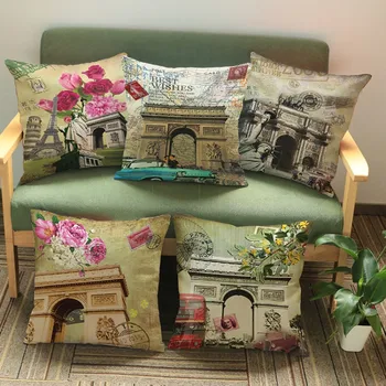 

Retro Nostalgic France Arc De Triomphe US NewYork Statue of Liberty Postcard Floral Pattern Throw Pillow Cushion Home Decoration