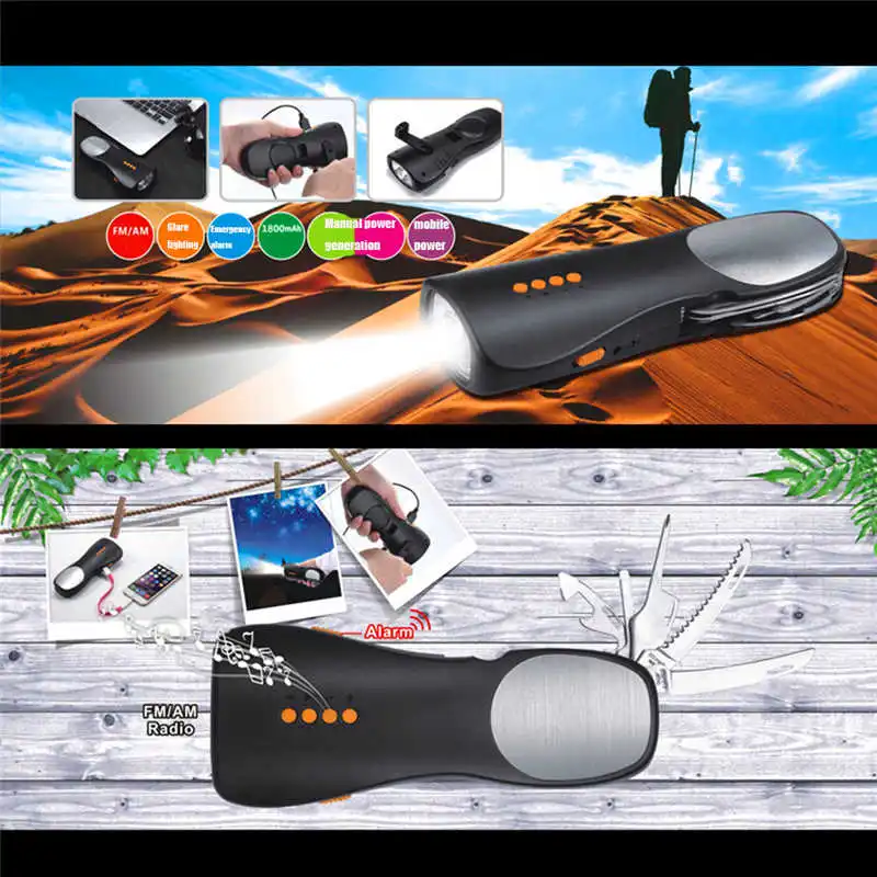 Alarm FM Radio Mobile Phone Charging Hand-operated Power Generat powerful led flashlight laser pointer #4S12 (6)