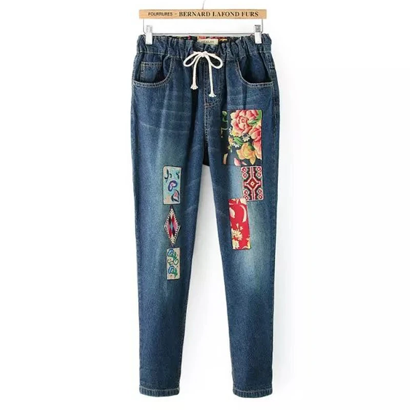 Personalized vintage embroidery stitch patchwork elastic denim pants Personalized vintage embroidery stitch patchwork elastic denim pants