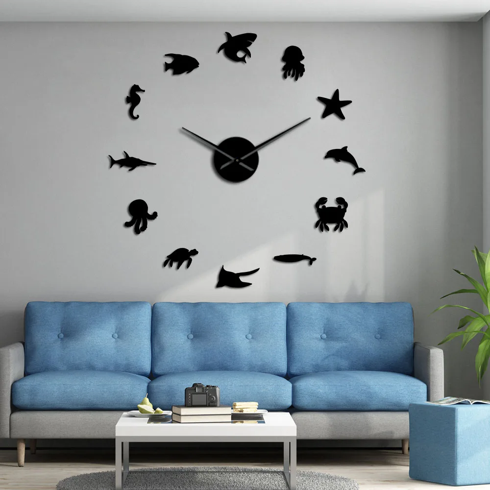 Aquatic Animals Wall Art 3D Mirror Stickers DIY Giant Wall Clock Undersea Kid Room Nursery Wall Decor Sea Life Frameless Watch 2