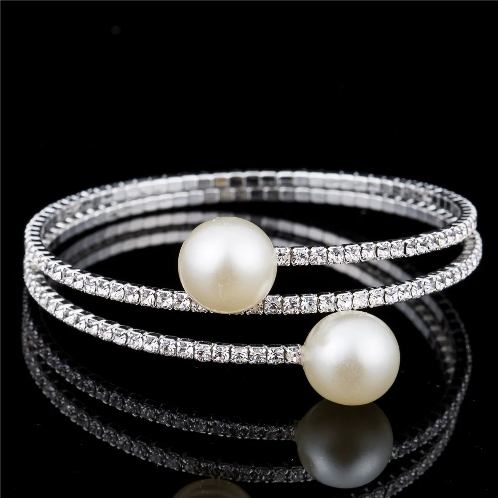 

HOCOLE New Wedding Bridal Bracelet Bangle Multi-layer Rhinestone Crystal Simulated Pearl Bangle Bracelet For Women Jewelry