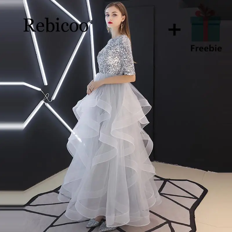 

Rebicoo 2019 French Sequined Half Sleeve Layered Hem Evening Gown Grey Waisted Puff Dress