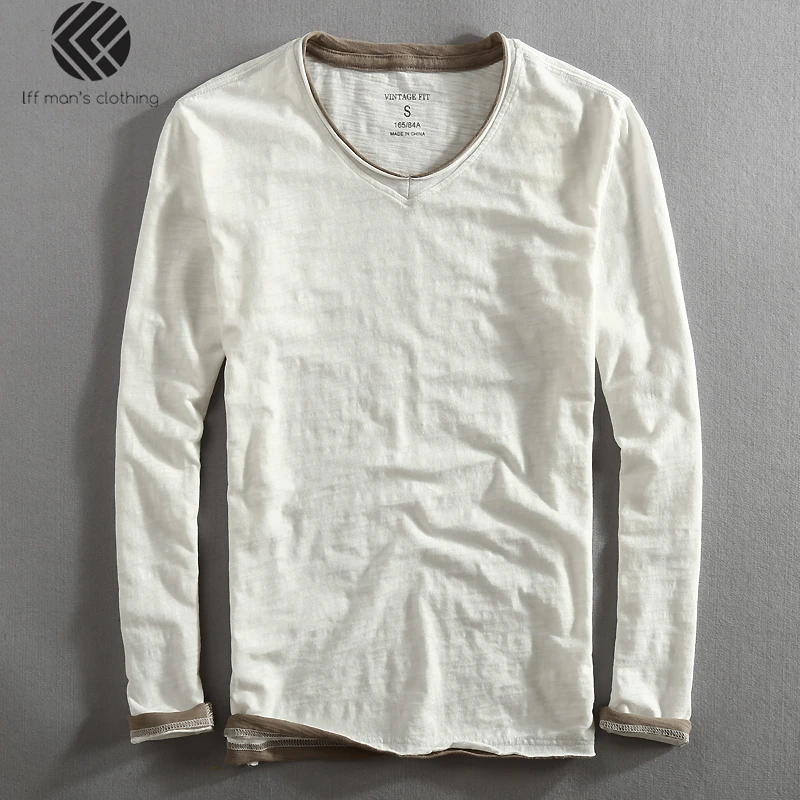 Buy Men Spring Autumn Fashion Brand China Style Bamboo Cotton Fake Two Pieces V neck Long Sleeve T shirt Male Casual Thin Tee Tshirt