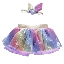 Праздничный костюм из 2 предметов многослойная фатиновая балетная юбка-пачка принцессы с блестками радужной расцветки с милым Кроликом, бантик-ушки, повязка на голову, 0-8 лет