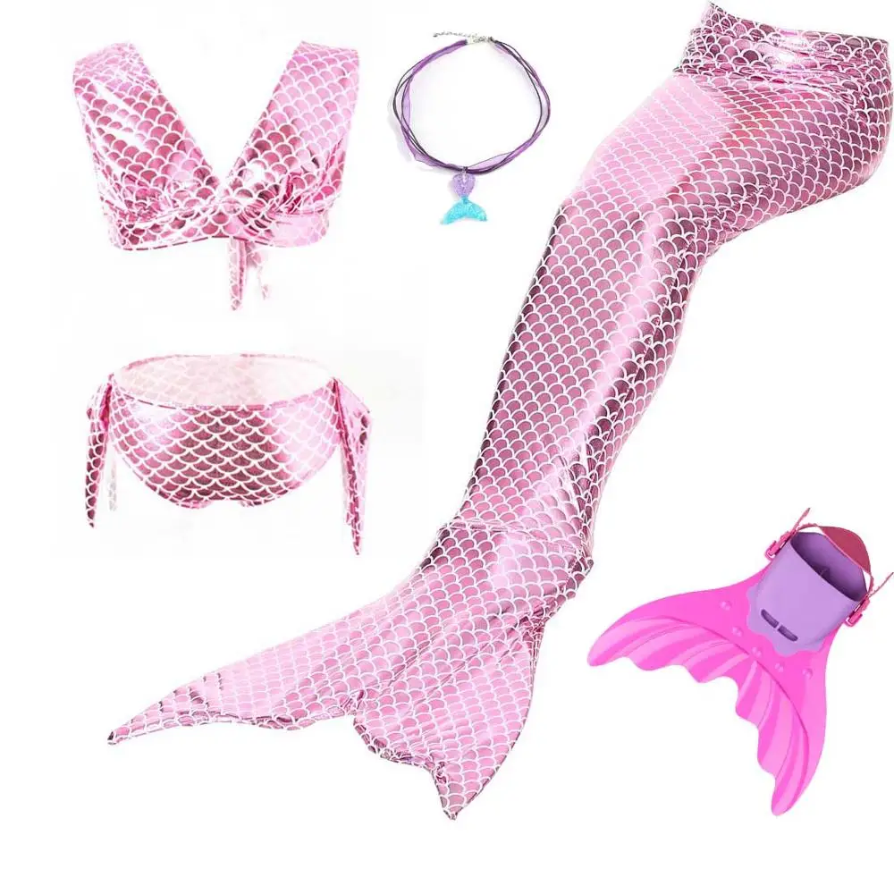 Купальник с блестящим хвостом русалки для девочек, маленькое бикини и хвост русалки с монофонным ожерельем, Детский костюм - Цвет: 5pcs Mermaid Set 5