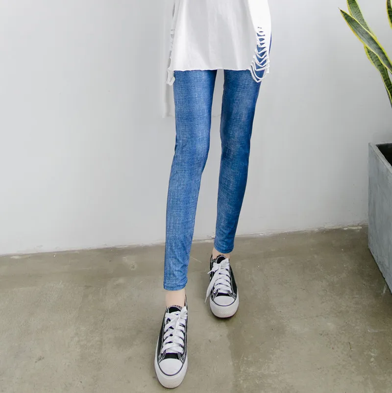 

Solid Print Stretched Brushed Fabric Imitaion Jean Leggings Women Fitness High Waist Elastic Slim Leggings