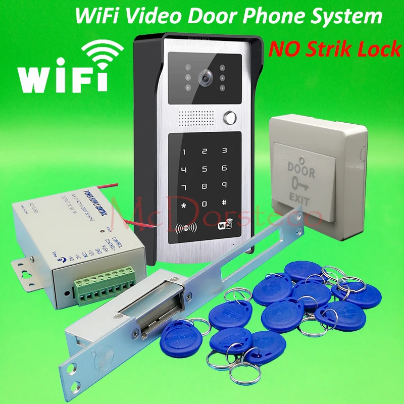 

Android ISO App WIFI Video Door Phone RFID Keypad Doorbell Long type NO Electric Strike Lock System Wifi Door Access Control Kit