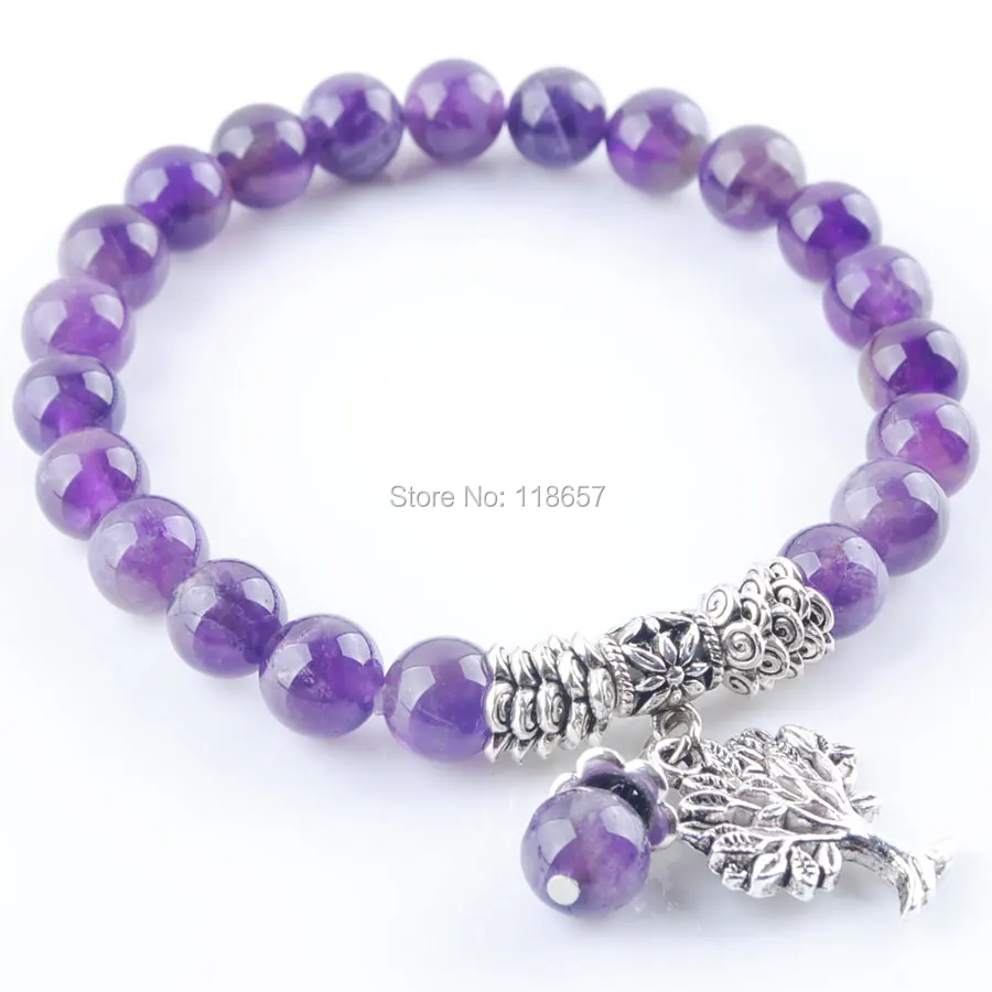 

YOWOST Natural Purple Quartzs Gem Stone Bracelet Mala Beads Tree Of Life Charms Meditation Ethnic For Women Jewelry IK3213