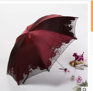 

10pcs/lot fedex fast free shipping woman lace sun rain umbrella three folding umbrella adult Vinyl uv protection umbrella