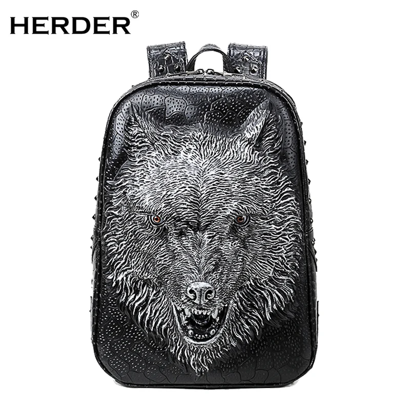 

HERDER Men Women leather Backpacks 3D Emboss print Wolf Rivet Rucksack street Laptop Teenager Bag Christmas Halloween Gift