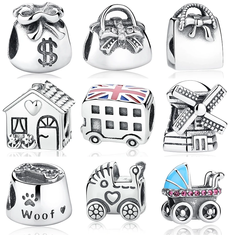 

Handbag Windmill House Money Bags Baby Stroller London Bus Enamel Thread Charm Silver Charm Beads Fit Pandora Bracelet Necklace