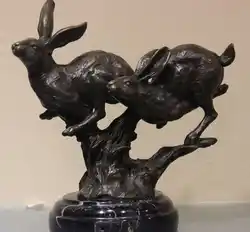 Western Art Deco Бронза Медь и Мраморный Два Запуска Кролик Искусства Статуя Скульптура