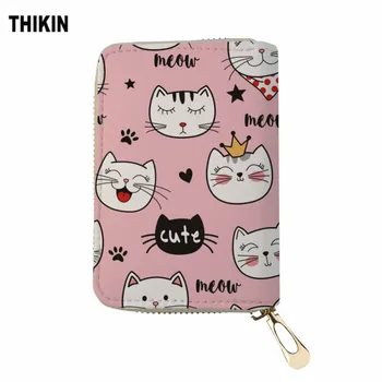 

THIKIN Pink Personality PU Leather Card Bags Female Cute Cats Pattern Passport Cover Purse ID Card Holder Kawaii Bank Card Bag
