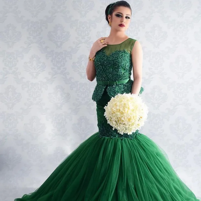 

Exquisite Scoop Mermaid Tulle Appliques Lace Beaded Green Evening Dresses Long Zipper-Up Court Train 2019 Robe De Soiree