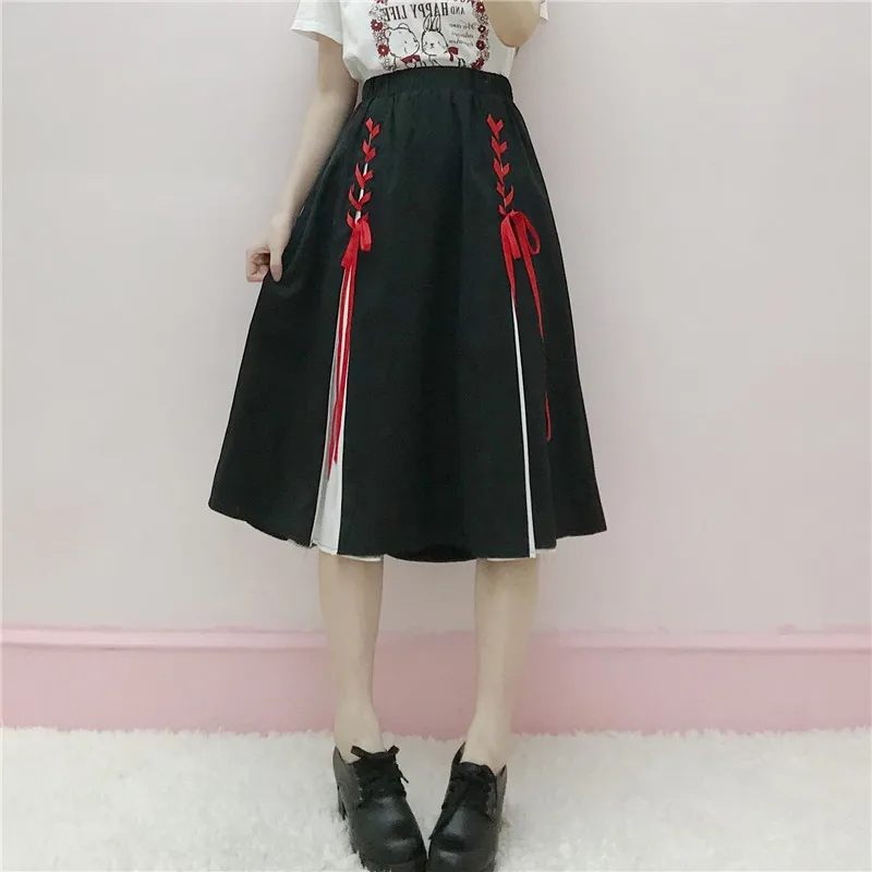 

Japanese Retro Mid-calf Length Skirt, Women's Fashion Summer Wear, New High Waist Casual Lace-up Skirt