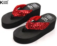 Super affordable female flip-flops Sequins slope with heavy-bottomed slippers Beach flip-flops slip