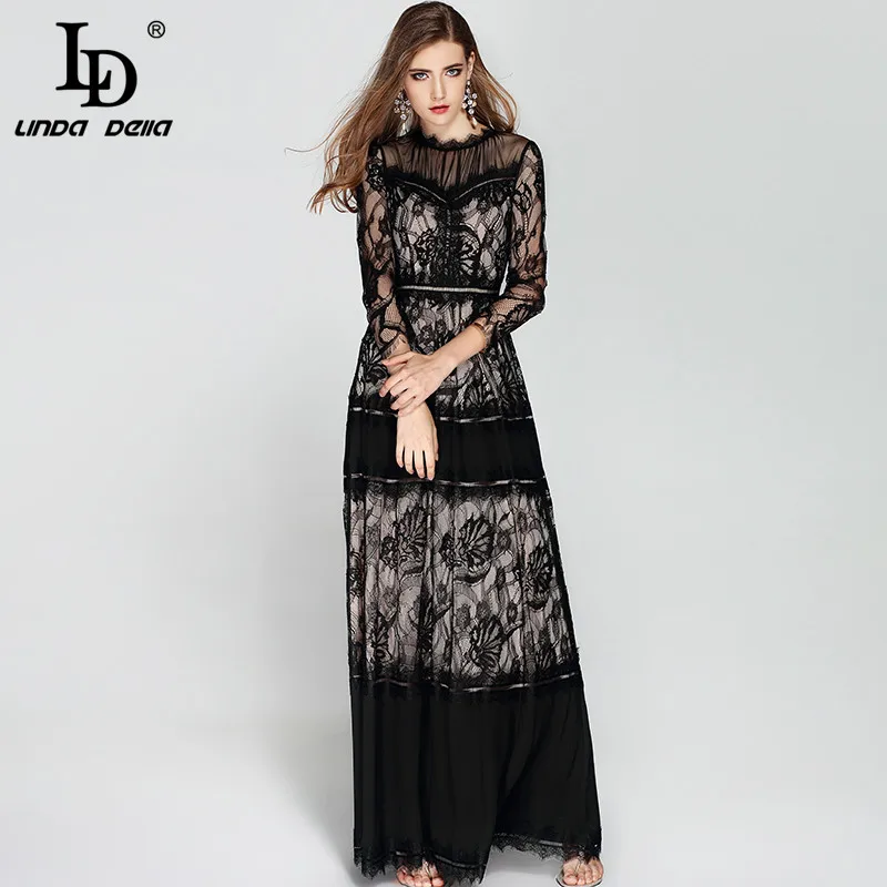 LD LINDA DELLA 2018 Fashion Designer Long Dress Women's 3/4 Sleeve Mesh Lace Patchwork Vintage Black Maxi Dress Party Dresses LD LINDA DELLA 2018 Fashion Designer Long Dress Women's 3/4 Sleeve Mesh Lace Patchwork Vintage Black Maxi Dress Party Dresses