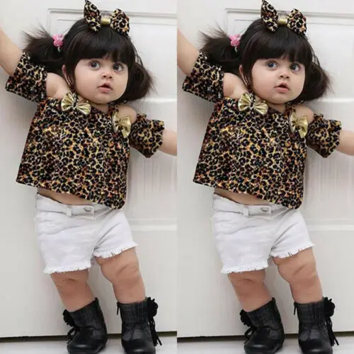 

US Toddler Kids Baby Girl Leopard Clothes Tops T-shirt Denim Shorts Pants Outfit