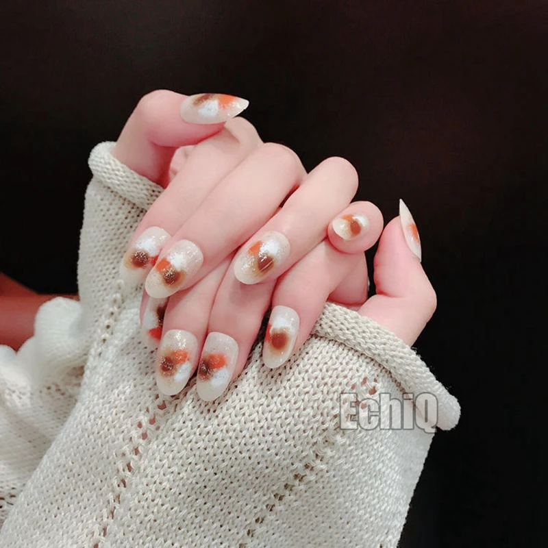 

Shimmer Glitter Fake Nail Tips Graffiti Painting Design Medium Round Press On Nails Manicure Accessories with Glue Sticker Z496