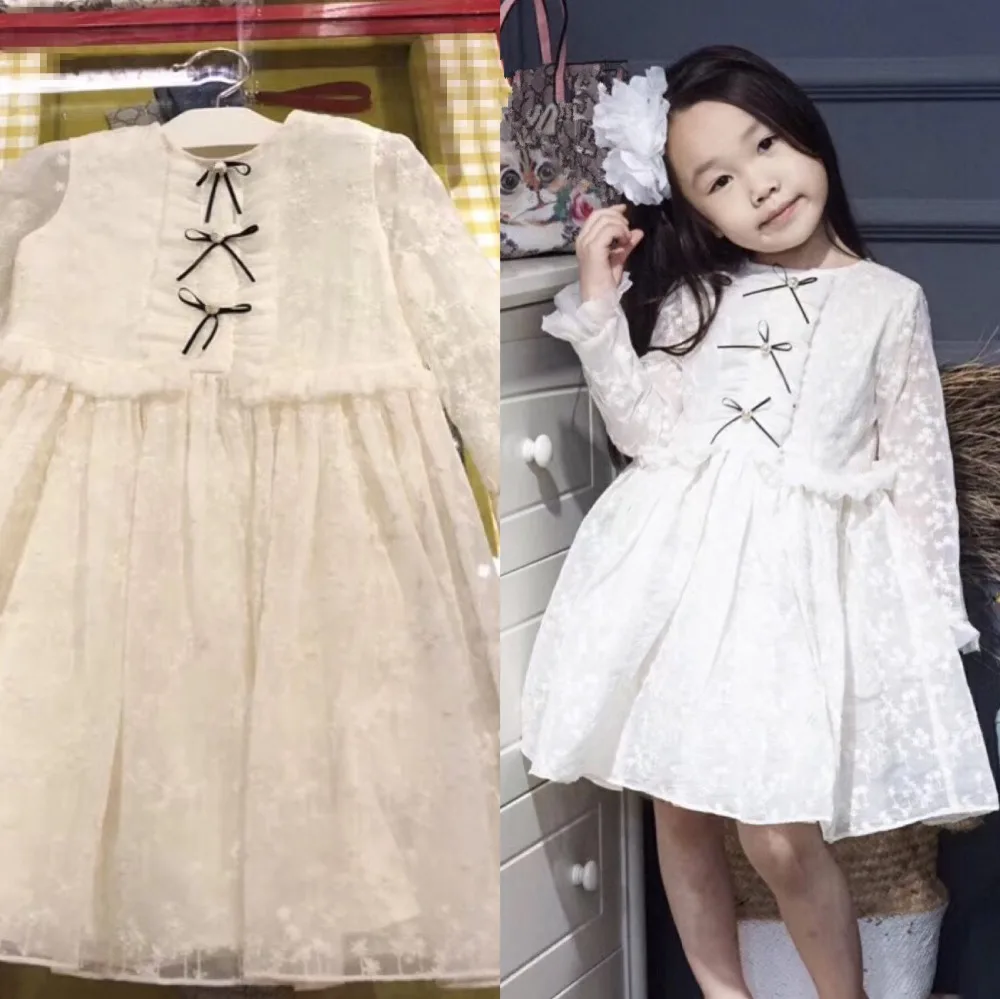 

New Autumn Girl Princess Dress Lace Embroidered Floral Pattern Dress Long sleeve ruffle Imitation pearl button girls dresses