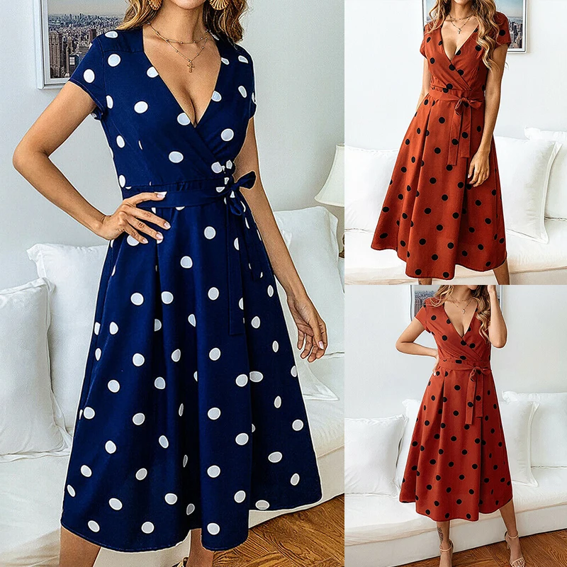 Women Polka Dot Wrap Long Dress Woman Casual Short Sleeve V-Neck Dress Elegant Polka Dot Holiday Beach Dresses Fashion Vestidos
