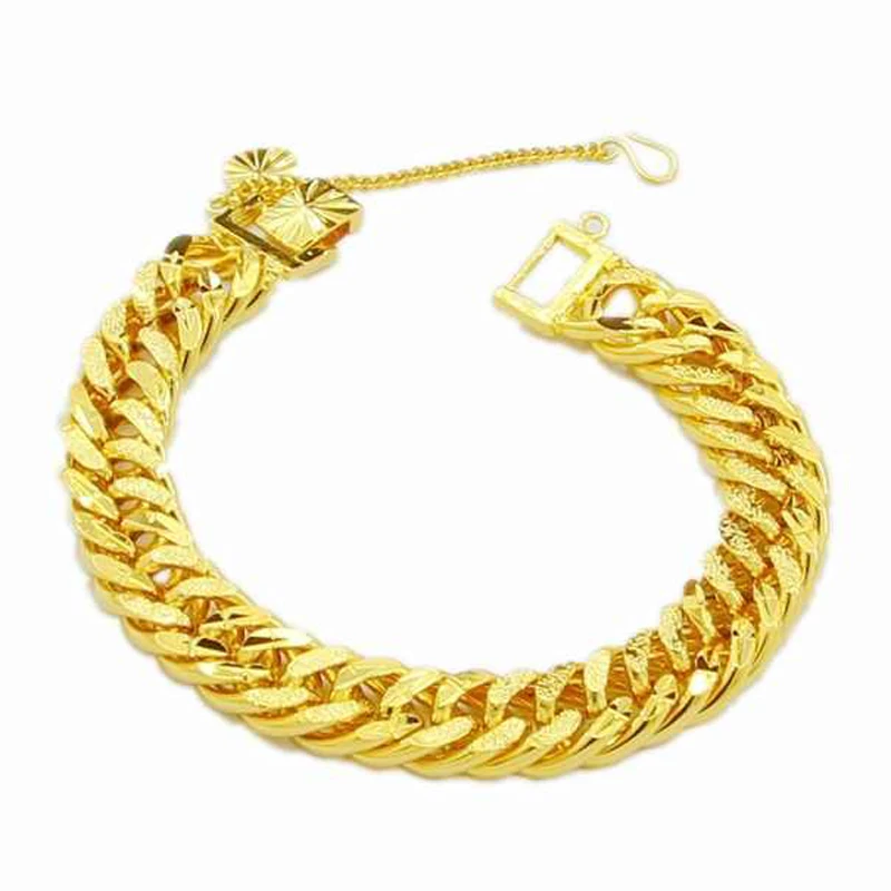 Модный 12 мм мужской браслет, 24 K золото GP 12 мм звено цепи тяжелый браслет для мужчин 19 см, желтый золотой цвет мужской браслет
