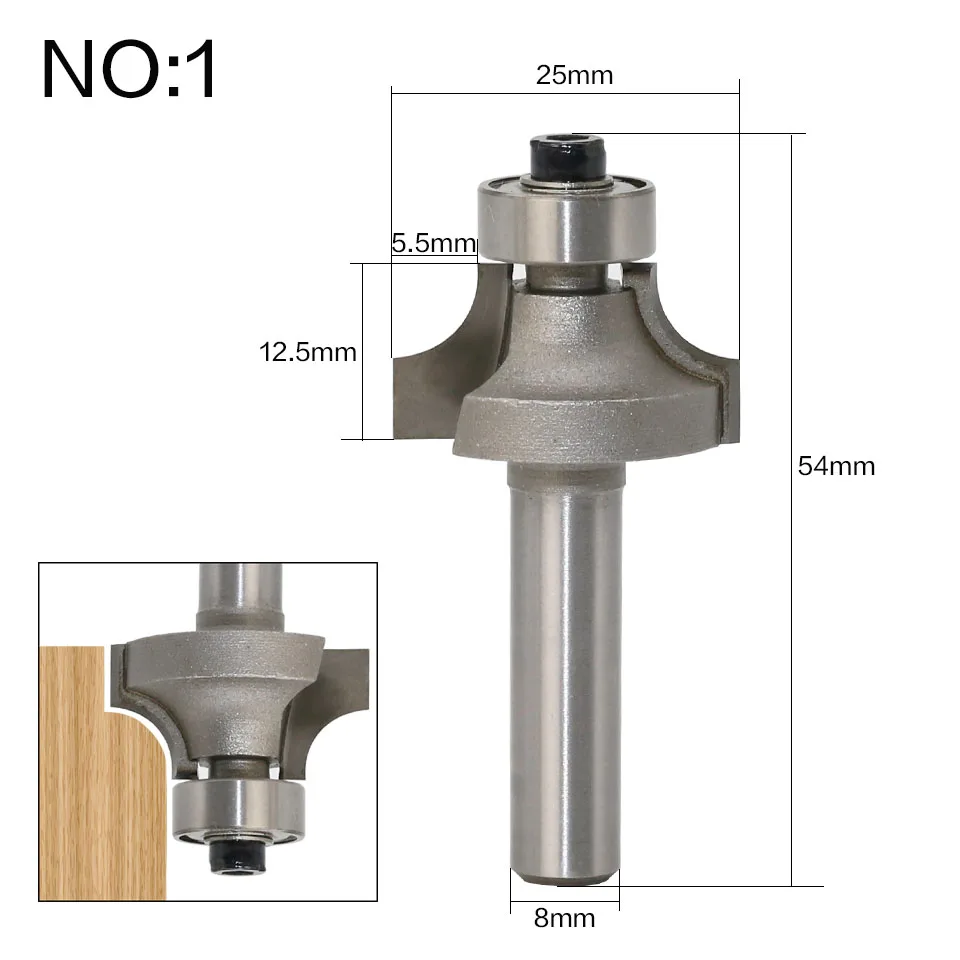  3pc 8mm Shank Round-Over Router Bits for wood Woodworking Tool 2 flute endmill with bearing milling