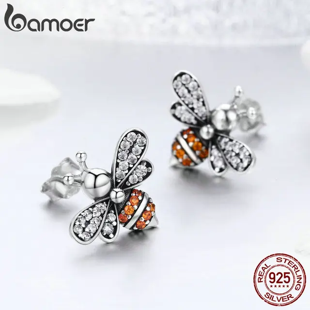 BAMOER-pendientes de tuerca de alta calidad para mujer, de plata de ley 100% 925 con diseño de abeja, CZ transparente, joyería de plata SCE344 BAMOER-pendientes de tuerca de alta calidad para mujer, de plata de ley 100% 925 con diseño de abeja, CZ transparente, joyería de plata SCE344