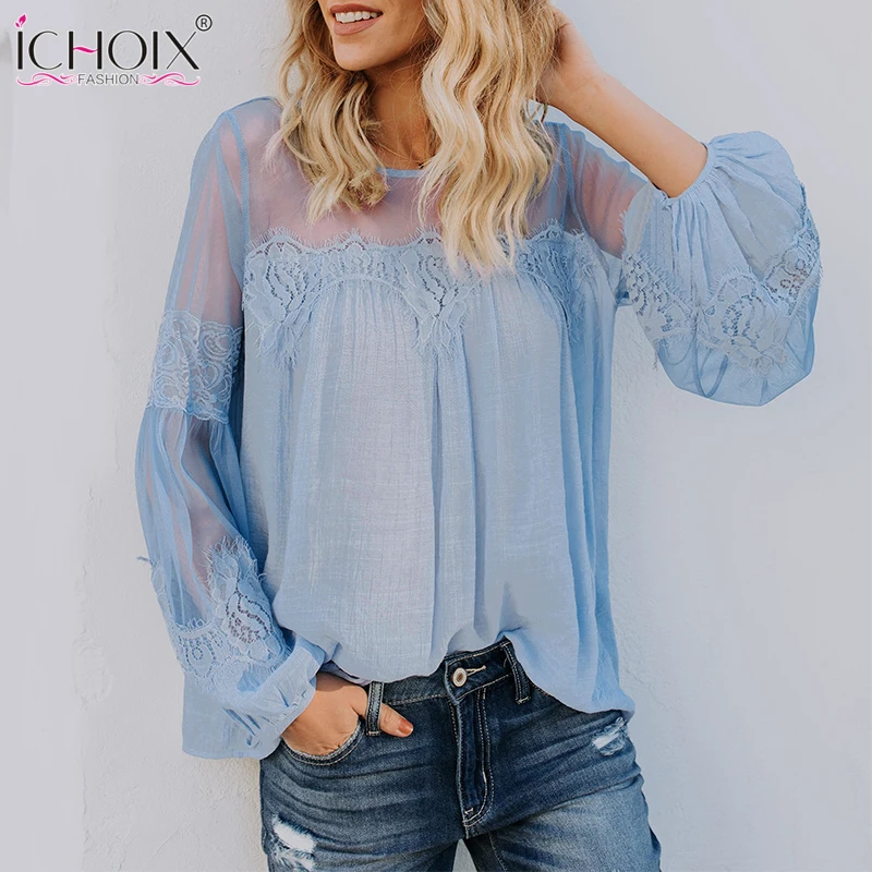  Lantern Sleeve Summer Boho Blouse Mesh Office Ladies Blouse Long Sleeve Casual Tee Shirt Loose Lace