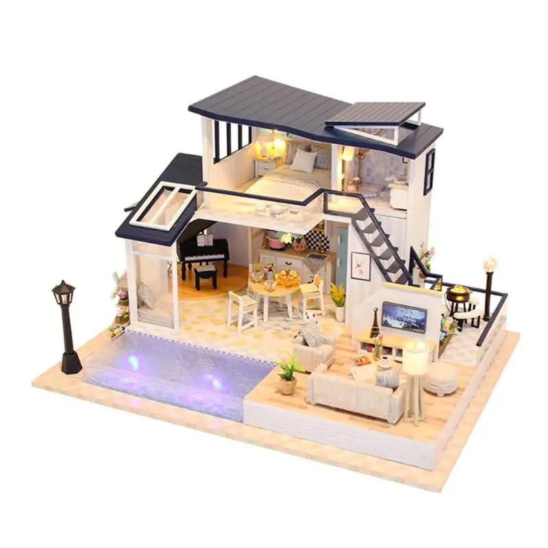 Синий дом Кукольный домик DIY Головоломка собрать Кукольный дом миниатюрный деревянный дом с мебелью игрушки для детей подарки на день рождения ремесло