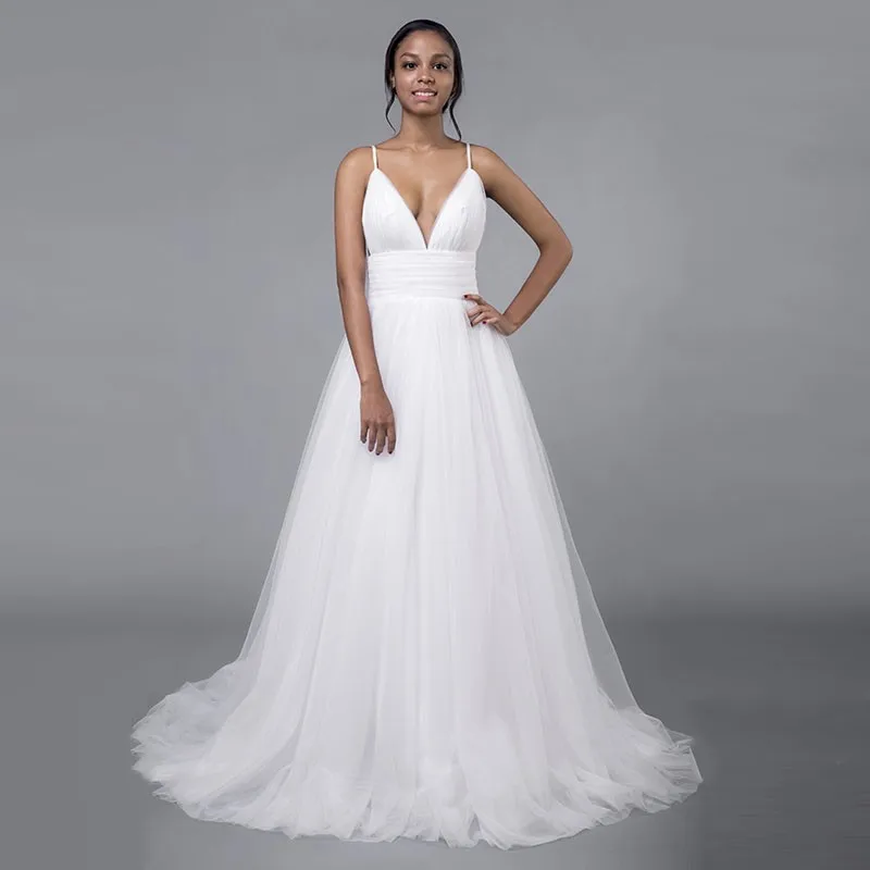 

Thinyfull 2019 Cheap Simple A-Line Wedding Dresses Sexy Backless Spaghetti Strap Pleats Beach Tulle Real White Bridal Gown