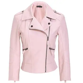 

pink Motorcycle PU Leather Jacket Women Zipper Outerwear jacket