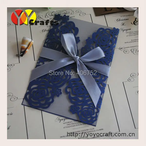 Online Unique Pearl Paper Sea Blue Color Laser Cut Wedding Wedding Invitations Blue 69