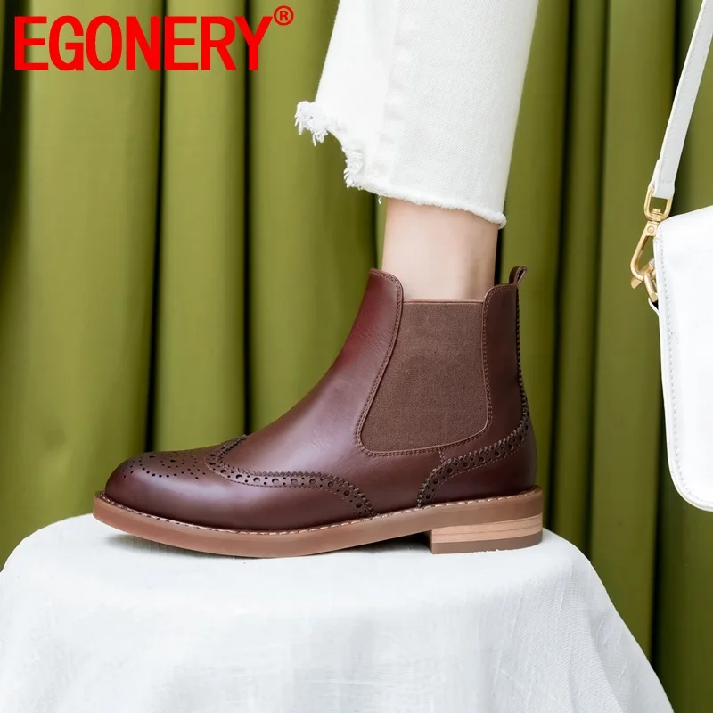 

EGONERY spring autumn ankle boots high quality hot sale genuine leather round toe booties 2019 casual comfortable date shoes