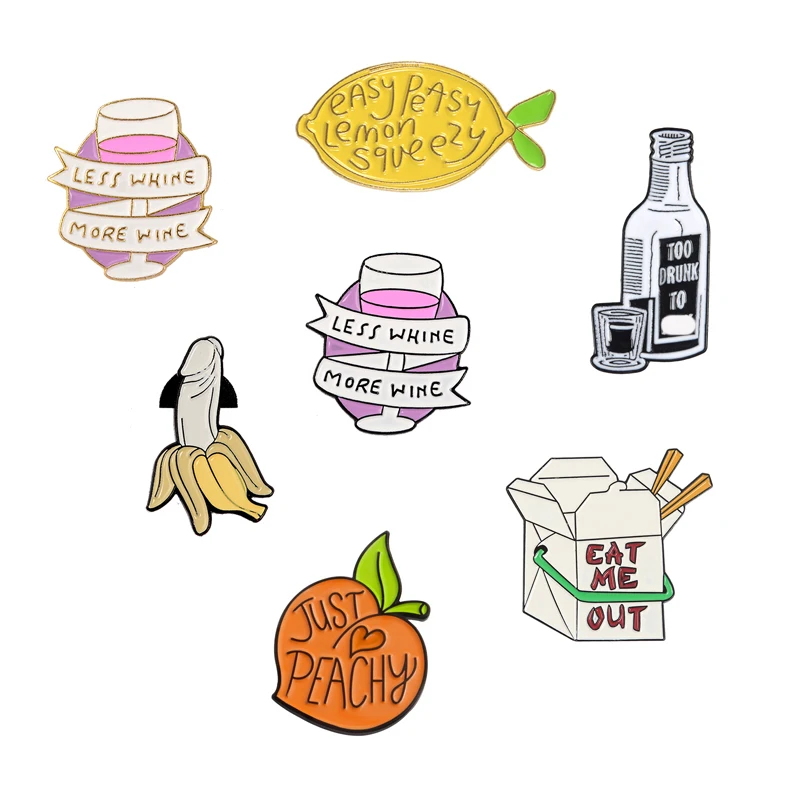 

Food Enamel Pin Collection Banana Lemon Peach Wine bottle Lunch box Wine glass Brooch Lapel Pin Buckle Badges Collar Brooches